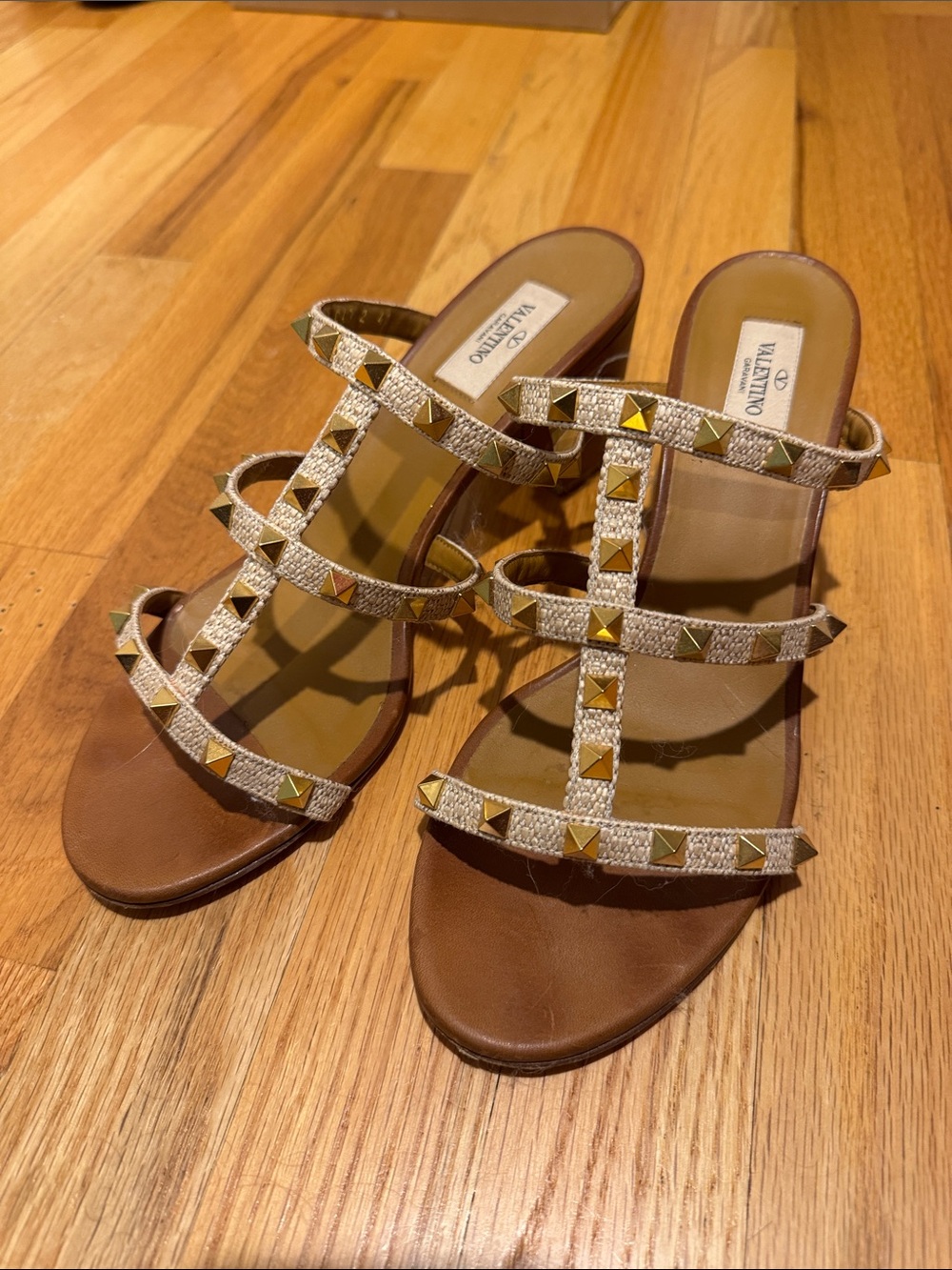 Valentino Gold-Studded Beige Strappy Slide Heels